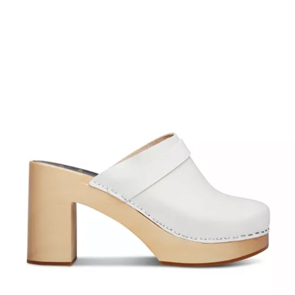 Swedish Hasbeens White Leather Platform Clog with Natural Wood Heel